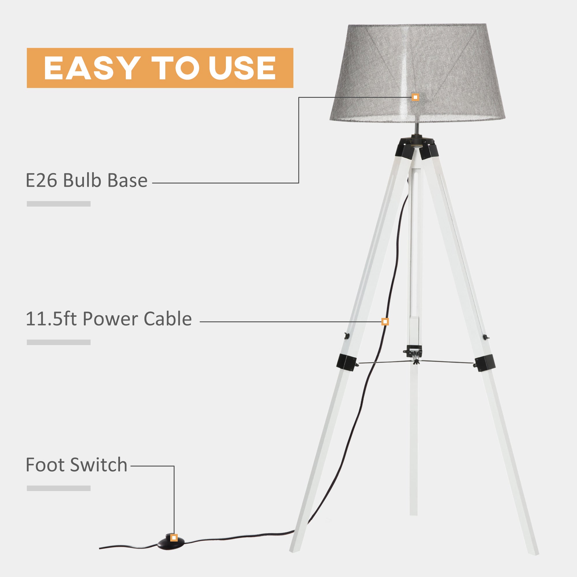 HOMCOM Illuminating Elegance: Adjustable Wooden Tripod Floor Lamp, Modern E26 Standing Light for Living Room, Bedroom, White & Grey