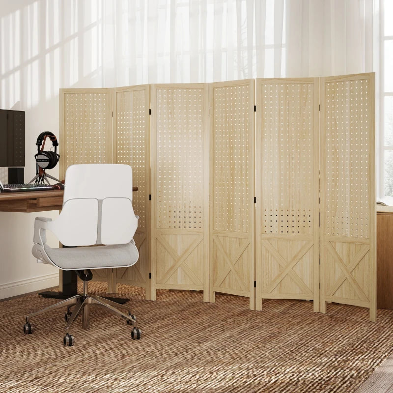 Wooden Room Divider with Pegboard Display, 6 Panel Folding Privacy Screen for Home Office, Natural Wood