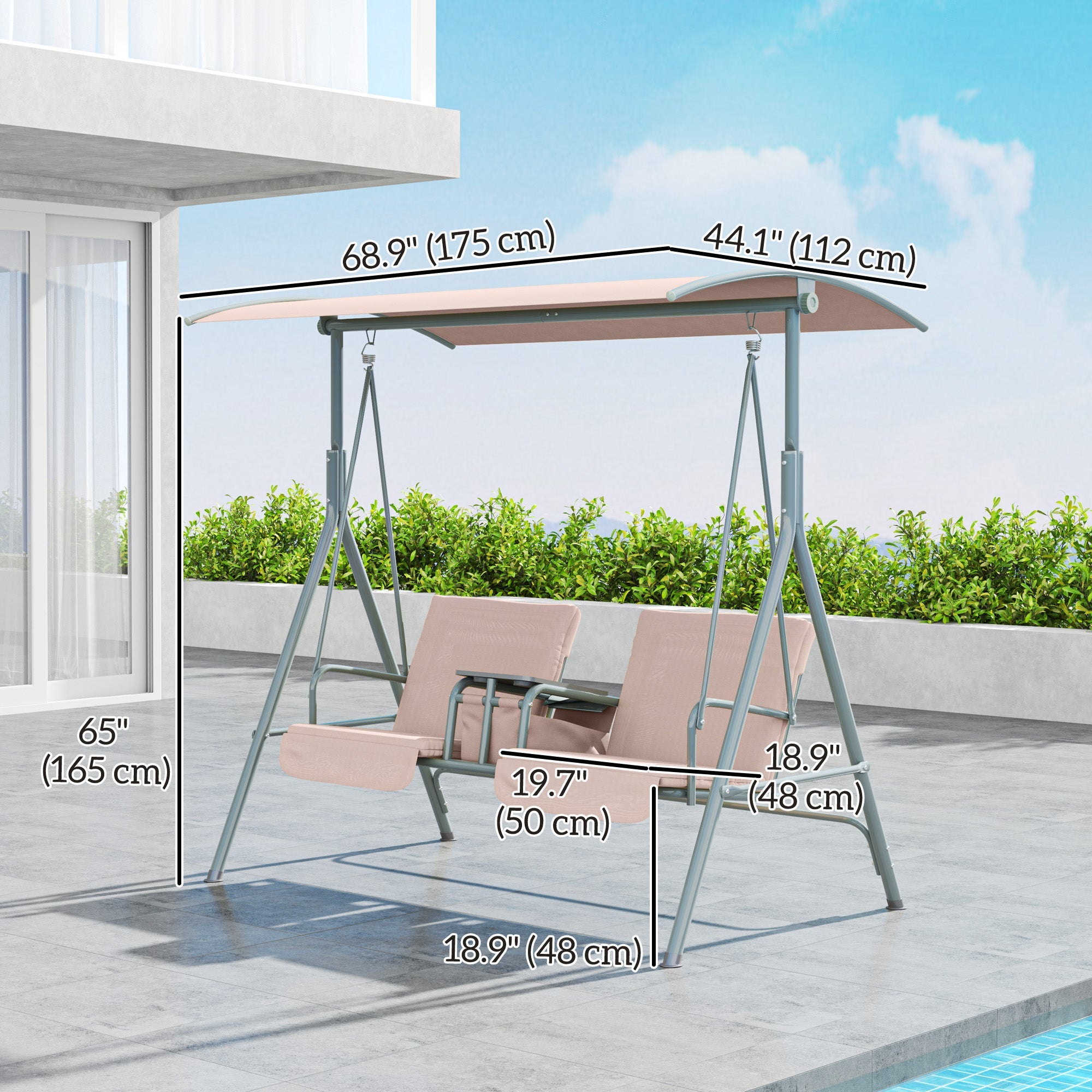 Outsunny Double Outdoor Swing Chair 2 Person Covered Swing Porch Swing w/ Pivot Table and Storage Console, Beige