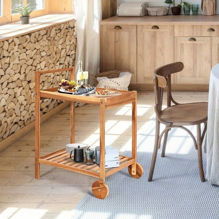 Solid Wood Rolling Serving Cart Kitchen Island with Bottom Shelf - Free Shipping
