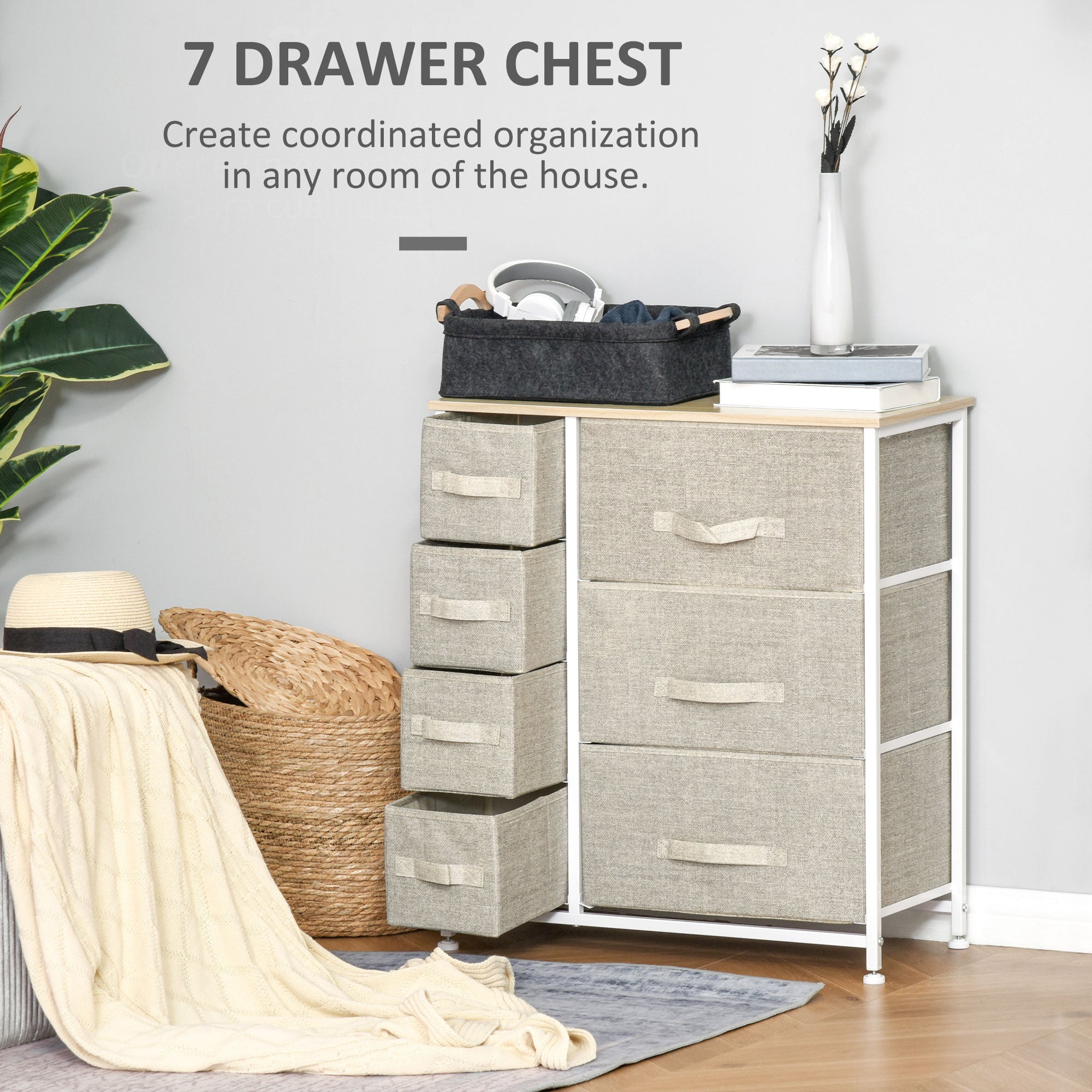 HOMCOM 7-Drawer Storage Cabinet: Fabric Bins, Metal Frame for Versatile Organization, Grey