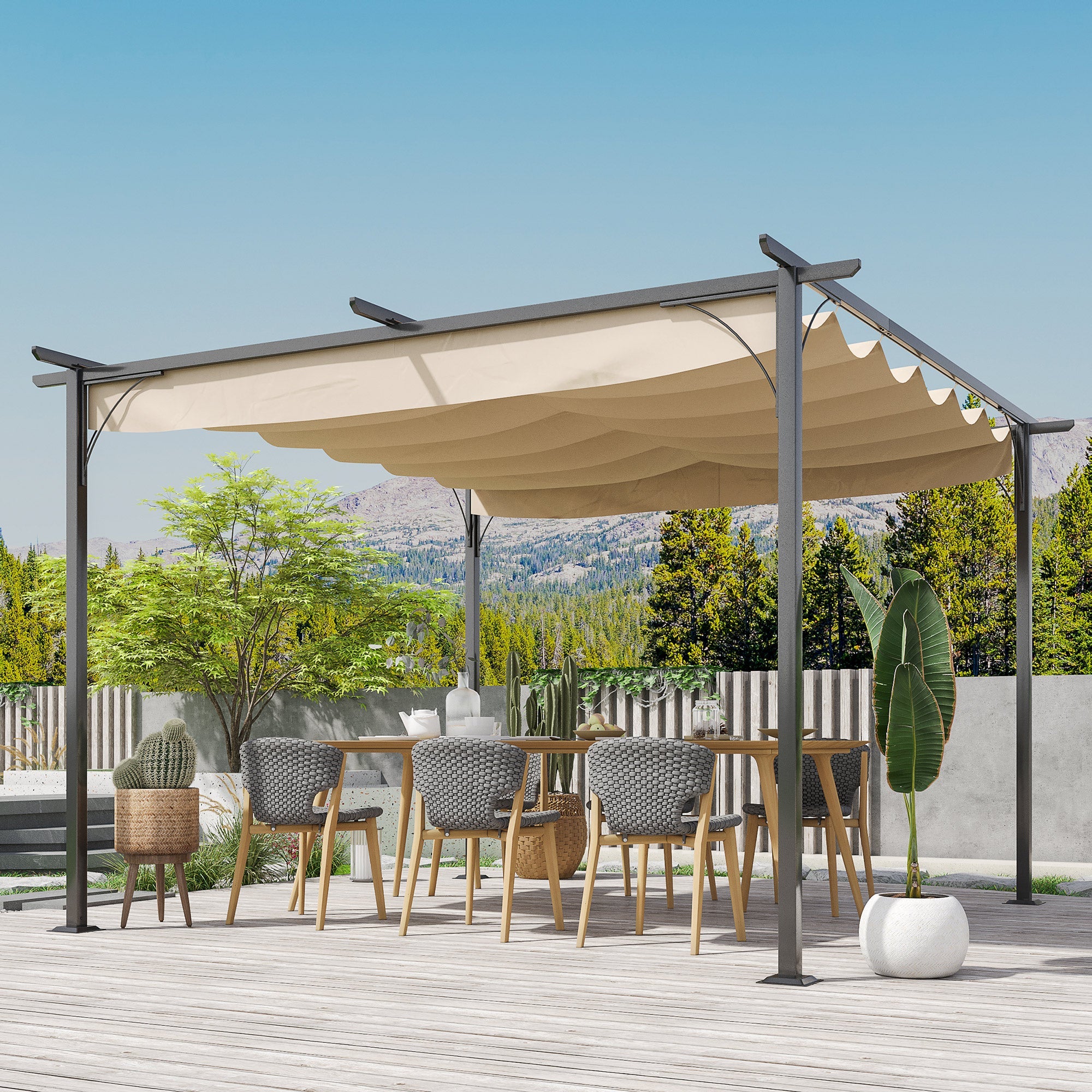Outsunny 11.5' Pergola Retractable Gazebo Shade Deck Shelter with Steel Frame, Polyester Square Canopy, Beige