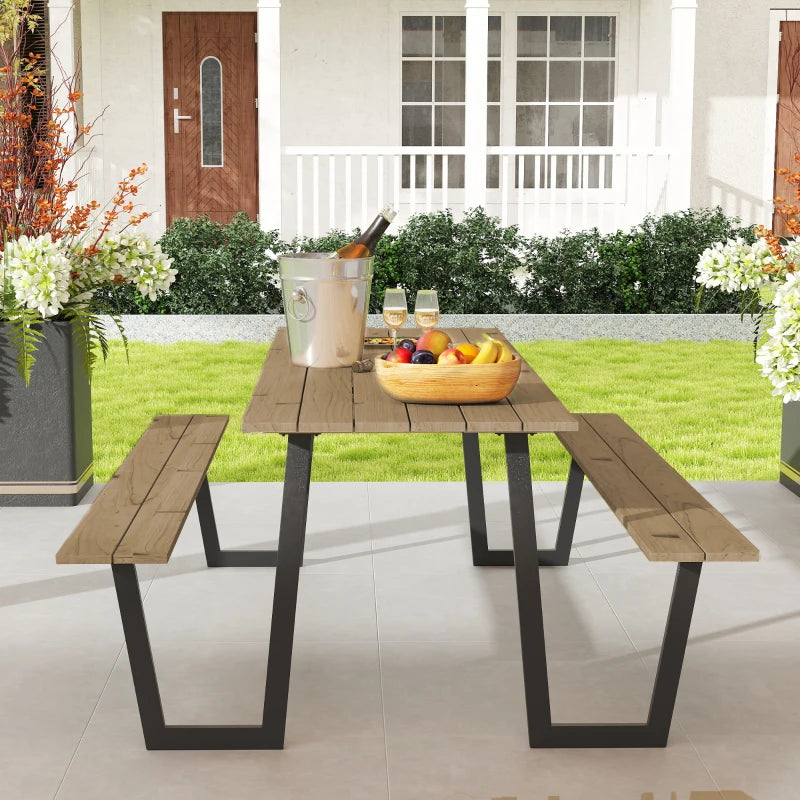 5.7 FT Outdoor Picnic Table with 2" Umbrella Hole, Spruce Wood Dining Table and 795 LBS Benches with Steel Frame, Brown