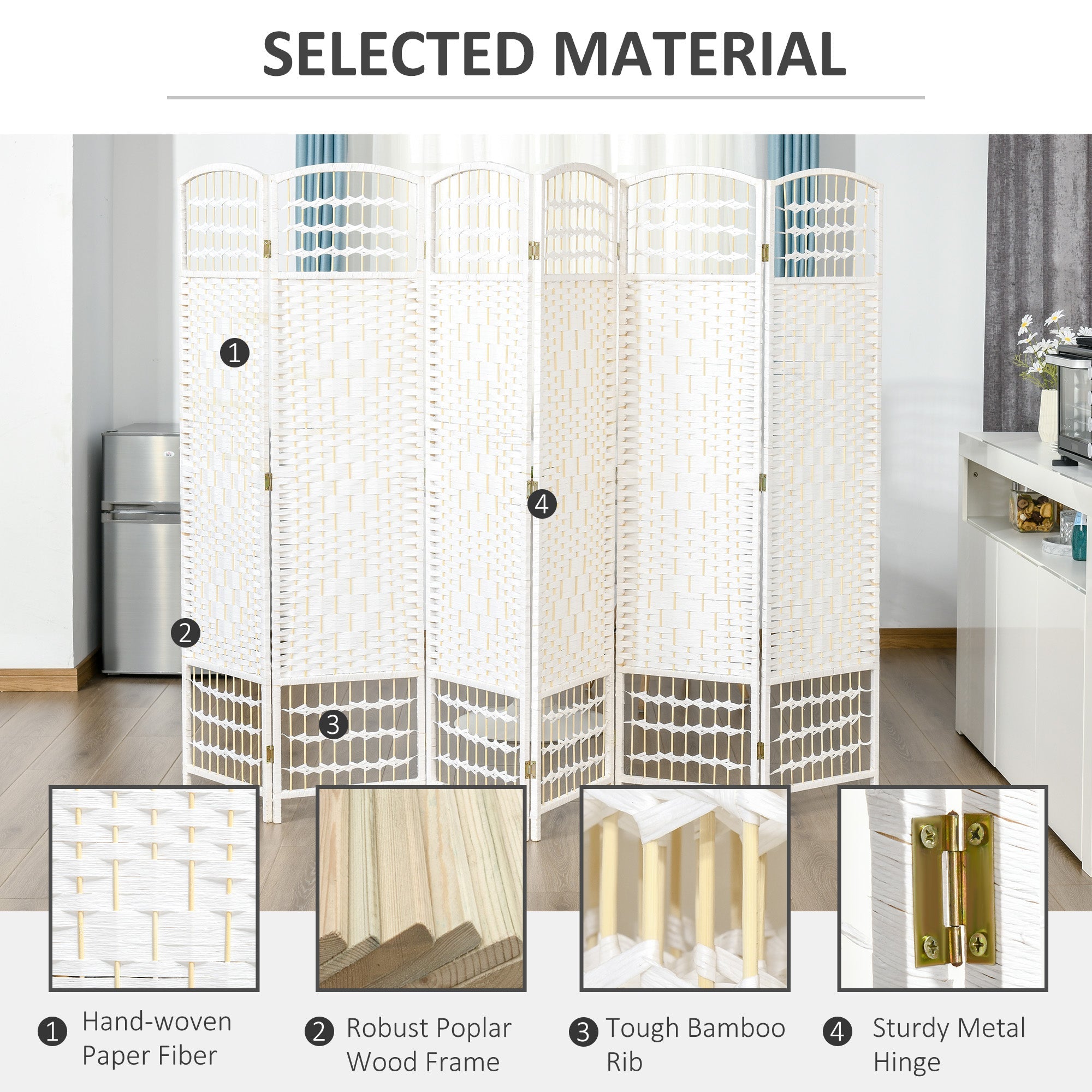 HOMCOM Woven Wonderland: 6-Panel 5.6FT Tall Freestanding Folding Screen, Woven Fiber Room Divider for Living Room, Bedroom, White