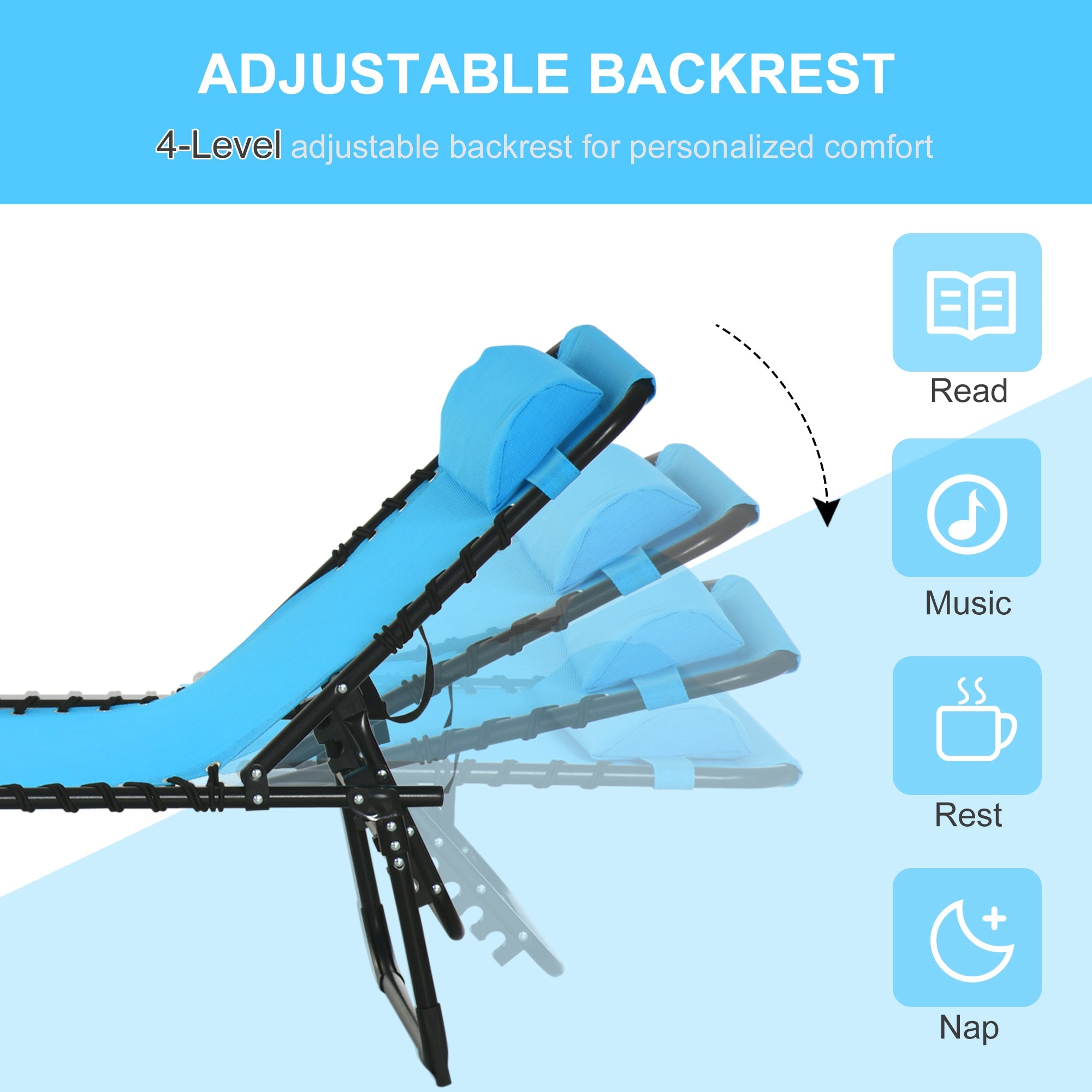 Outsunny Adjustable Folding Beach Bed 4-Level Reclining Lounger Lightweight Portable Camping Sky Blue