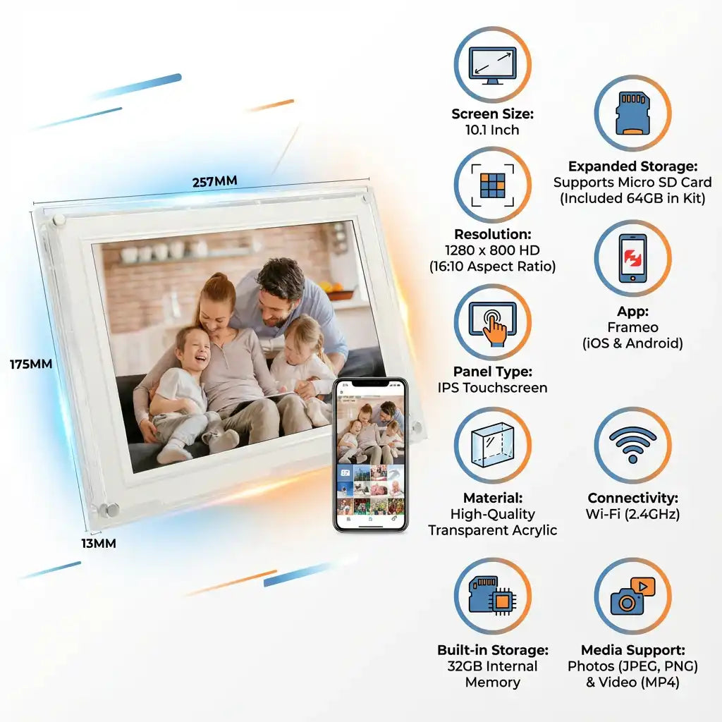 TUTT 10.1" Digital Photo Frame | Acrylic Clear Slim WiFi | IPS Touchscreen | 32GB Built-In Storage | Frameo App