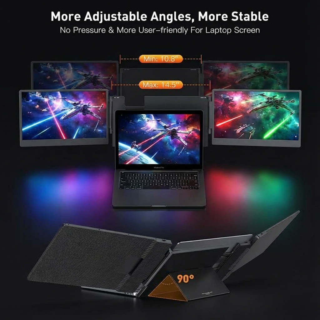 TUTT 14” FHD Portable Monitor – S3 Triple Screen Extender, IPS, Built-in Stand & Speakers | All Devices (H5 Converter Cable Included)
