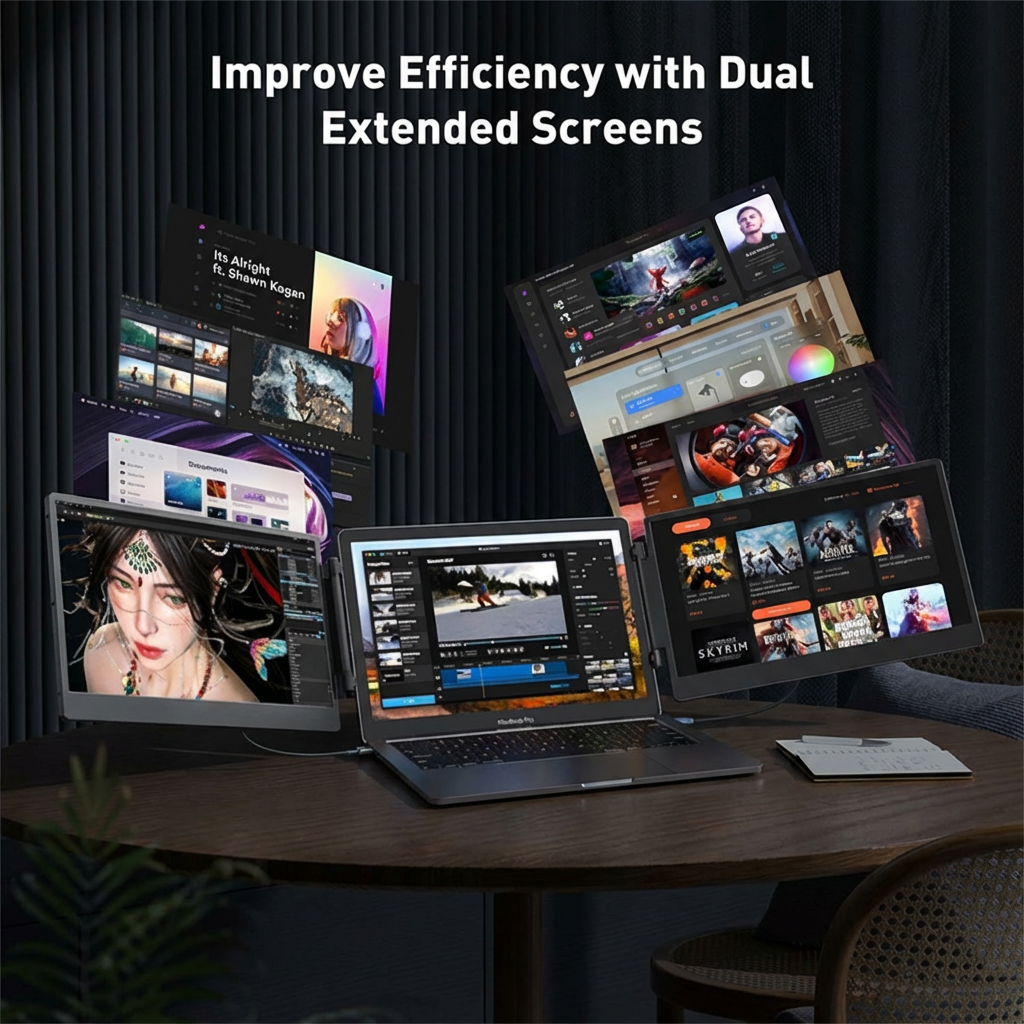 TUTT 14” FHD Portable Monitor – S3 Triple Screen Extender, IPS, Built-in Stand & Speakers | All Devices (H5 Converter Cable Included)