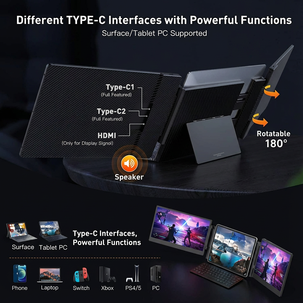 TUTT 14” FHD Portable Monitor – S3 Triple Screen Extender, IPS, Built-in Stand & Speakers | All Devices (H5 Converter Cable Included)