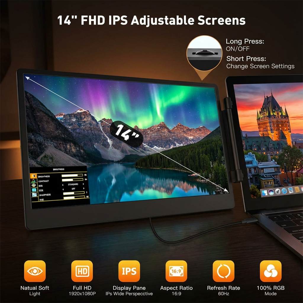 TUTT 14” FHD Portable Monitor – S3 Triple Screen Extender, IPS, Built-in Stand & Speakers | All Devices (H5 Converter Cable Included)