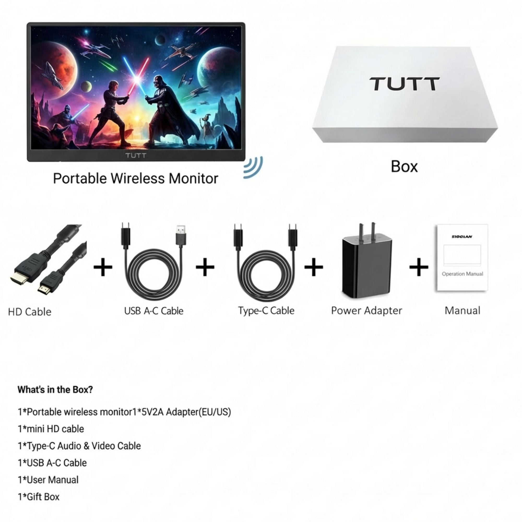 TUTT 15.6" Wireless Portable Monitor | Built-in Kickstand & Speaker | IPS LCD for Laptop and Mobile W8
