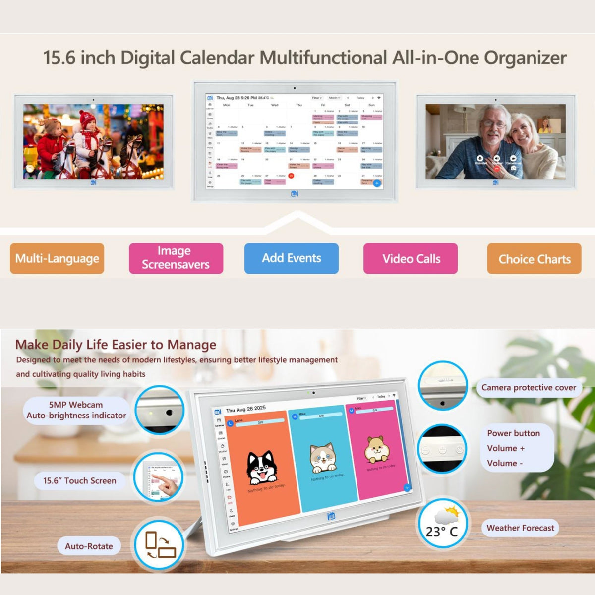 TUTT 15.6" Smart Display Digital Calendar with Camera, Android 14, Video Call Feature, Chore Chart, Photo & Video Frame, Wall Mounted & Desktop