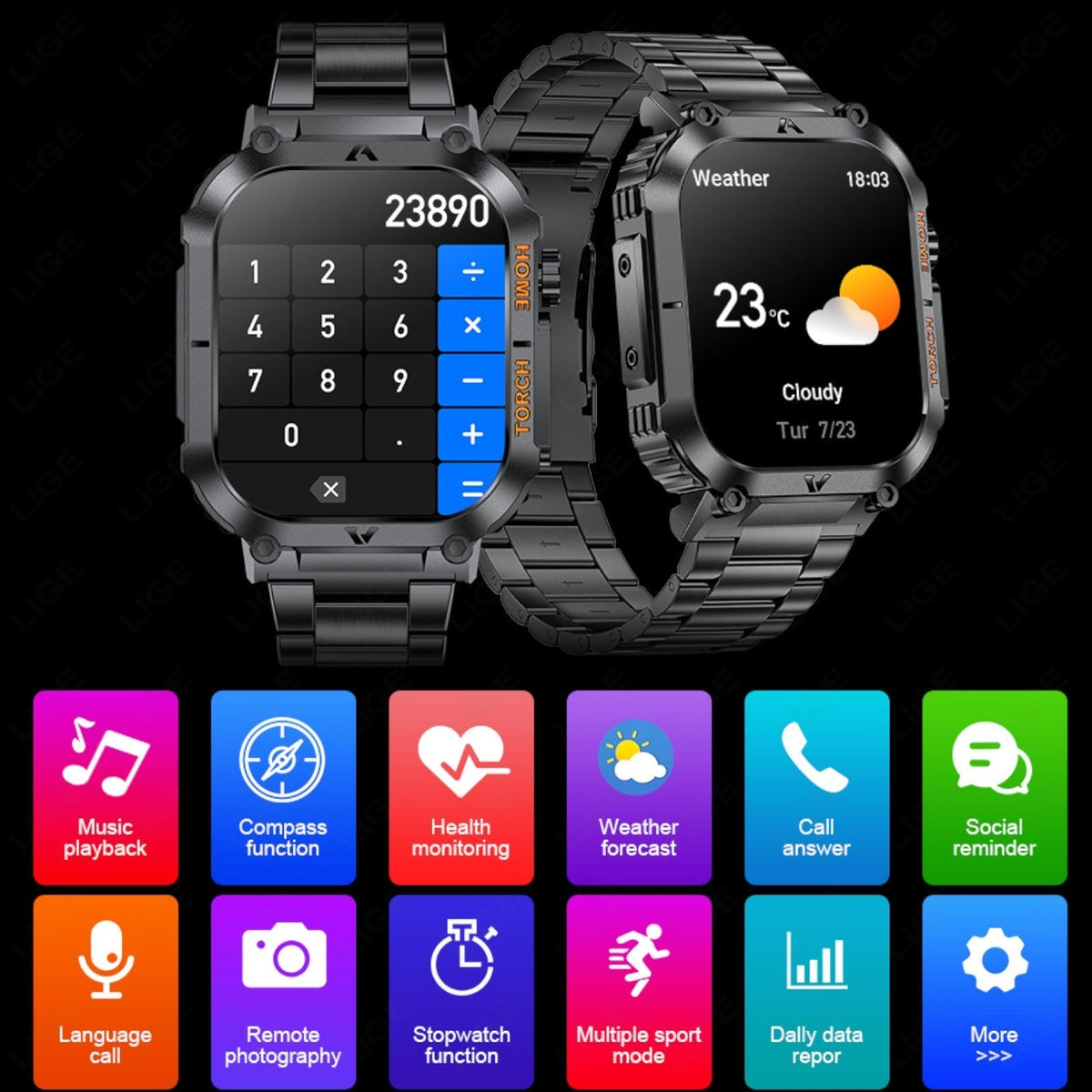 TUTT Military Smart Watch for Men | 3ATM Waterproof 1.96" Display, Health & Fitness Tracker iOS/Android, | B8