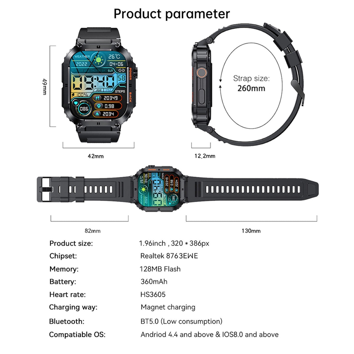 TUTT Military Smart Watch for Men | 3ATM Waterproof 1.96" Display, Health & Fitness Tracker iOS/Android, | B8