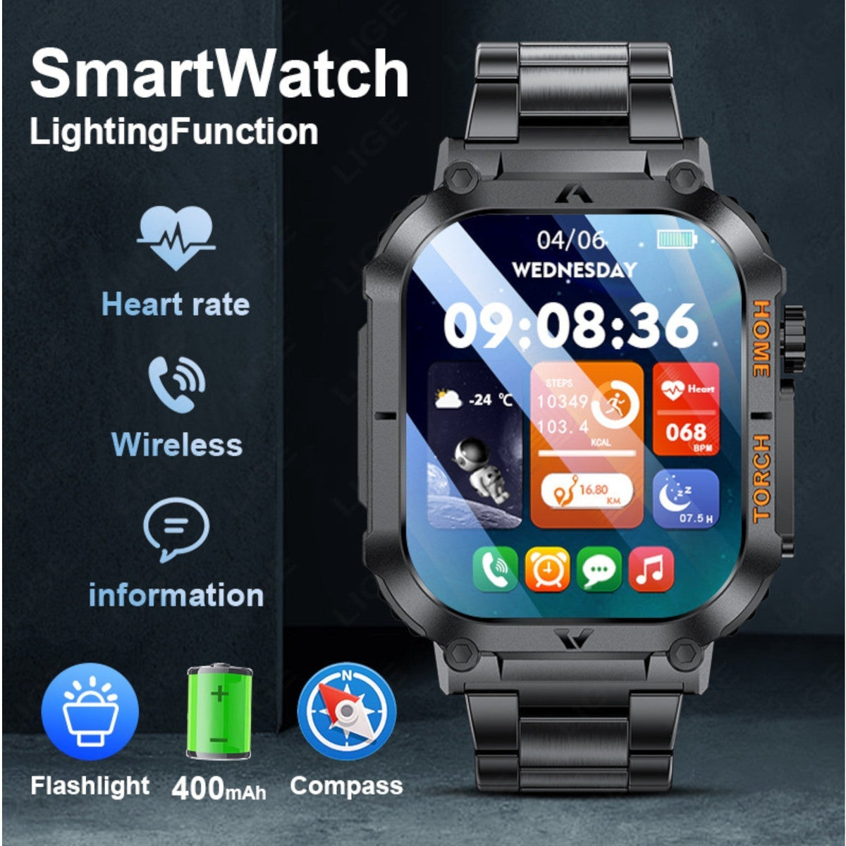 TUTT Military Smart Watch for Men | 3ATM Waterproof 1.96" Display, Health & Fitness Tracker iOS/Android, | B8