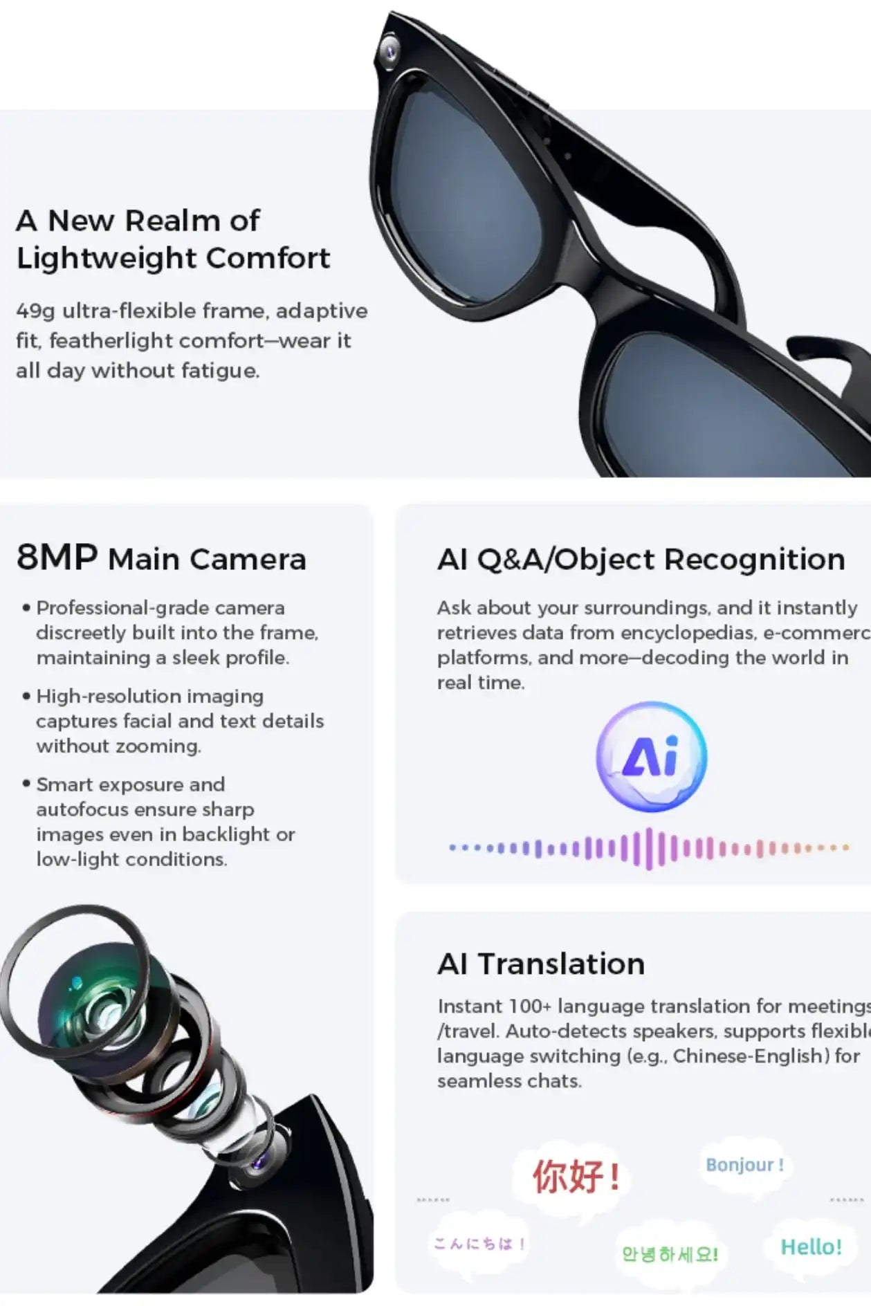 TUTT M1 AI Glasses with ChatGPT | 8MP Camera Photo & Video Smart Sunglasses | AI Translator, Music, Calls & Touch Control | Anti-Blue Light Lenses