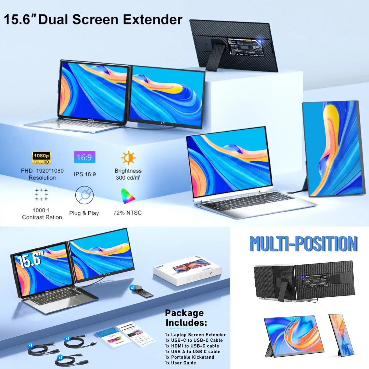 TUTT 15.6” Portable Monitor | Multi-Position IPS FHD Screen Extender | USB-C & HDMI, Built-in Speakers, P5