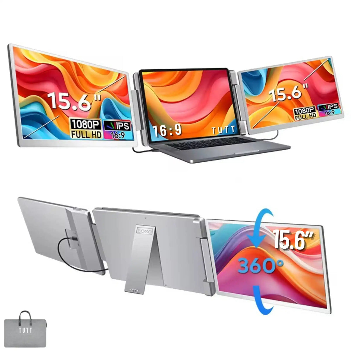 TUTT 15.6” Dual Portable Monitor | 16:9 Ratio FHD IPS Triple Screen Extender | Rotating Right Screen | Standalone | H5 Converter Cable | Windows, Mac OS – S10