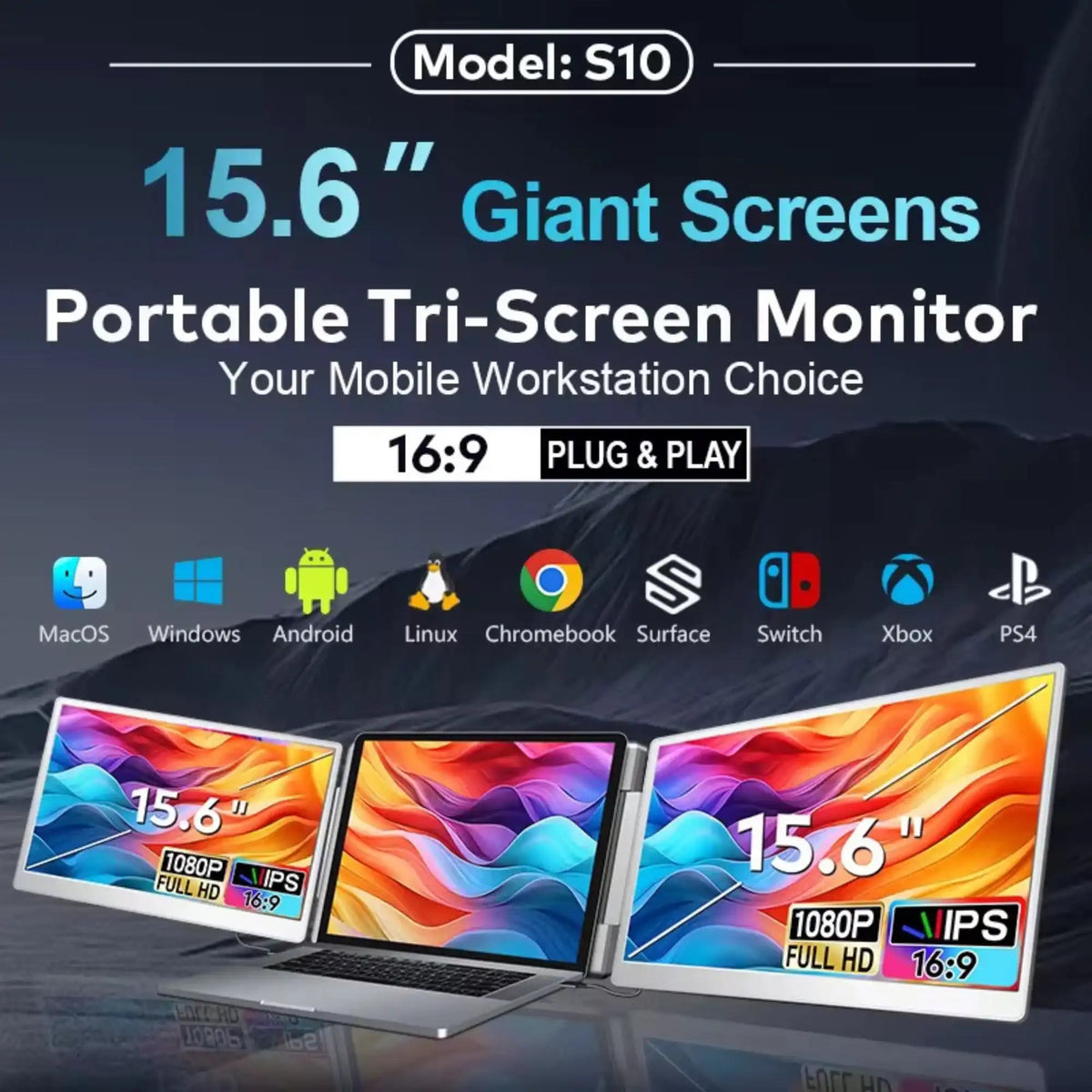 TUTT 15.6” Dual Portable Monitor | 16:9 Ratio FHD IPS Triple Screen Extender | Rotating Right Screen | Standalone | H5 Converter Cable | Windows, Mac OS – S10