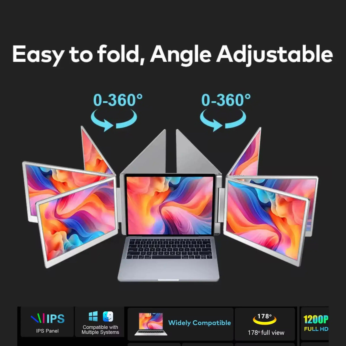 TUTT 15.6” Dual Portable Monitor | 16:9 Ratio FHD IPS Triple Screen Extender | Rotating Right Screen | Standalone | H5 Converter Cable | Windows, Mac OS – S10