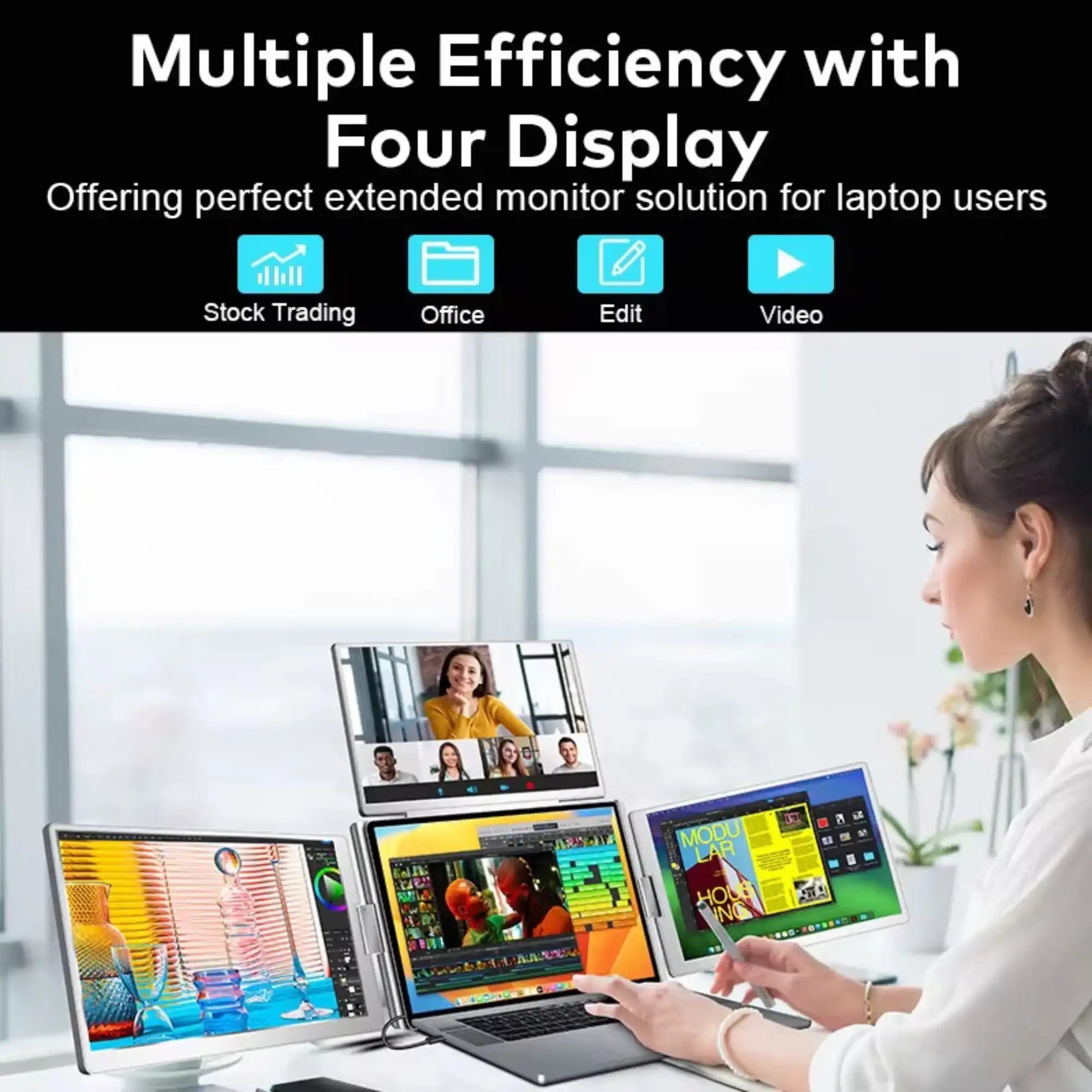 TUTT 16” Quad Screen Extender | Single Cable Setup | 16:10 IPS | Stand-Alone Portable Monitor For Laptop Mac & Windows S788
