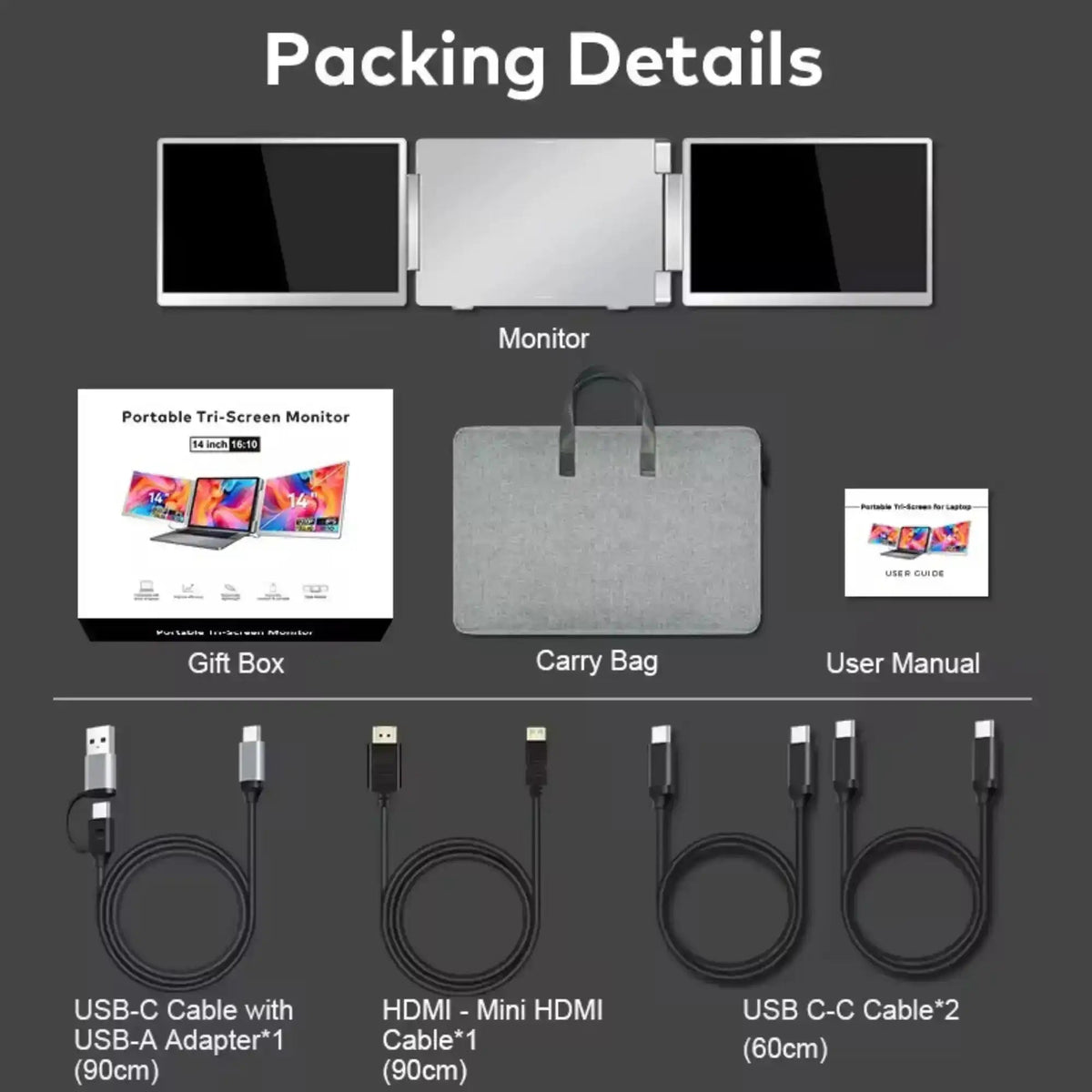 TUTT 15.6” Dual Portable Monitor | 16:9 Ratio FHD IPS Triple Screen Extender | Rotating Right Screen | Standalone | H5 Converter Cable | Windows, Mac OS – S10