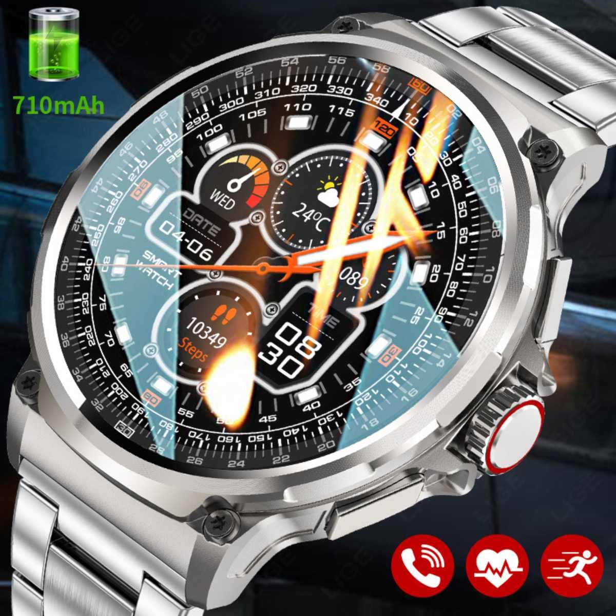 TUTT Military Smartwatch For Men | Metal Case HD 1.85'' Large Round Screen | 710mah Battery Health & Fitness Smart Watch (3) Straps V69
