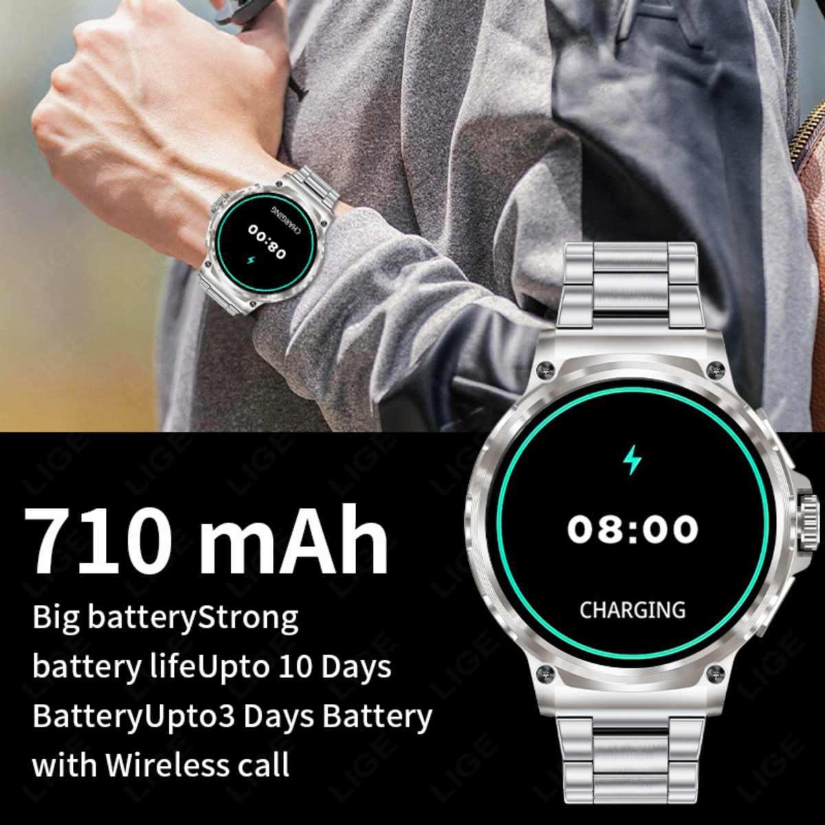 TUTT Military Smartwatch For Men | Metal Case HD 1.85'' Large Round Screen | 710mah Battery Health & Fitness Smart Watch (3) Straps V69