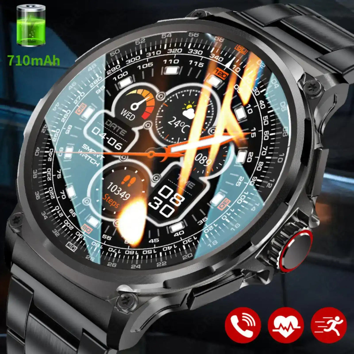 TUTT Military Smartwatch For Men | Metal Case HD 1.85'' Large Round Screen | 710mah Battery Health & Fitness Smart Watch (3) Straps V69