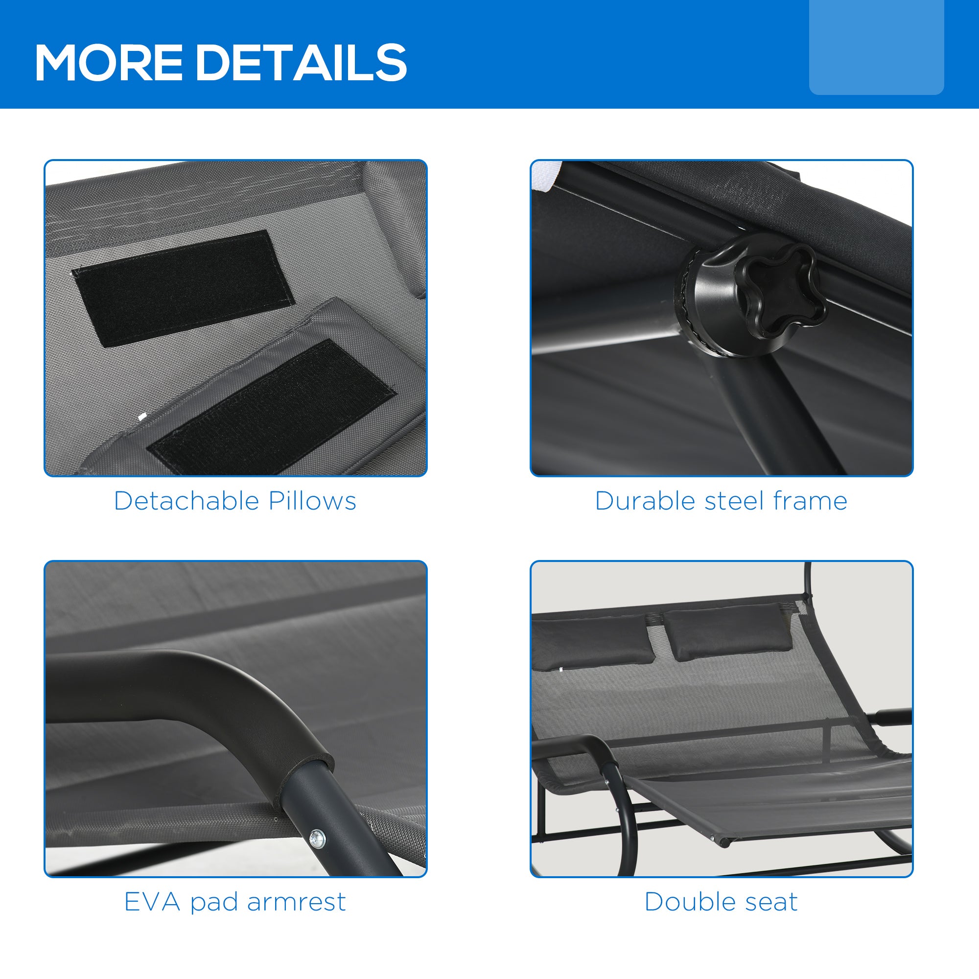 Outsunny Outdoor Double Chaise Lounge Sunbed w Adjustable Canopy Detachable Pillows Wheels Dark Gray