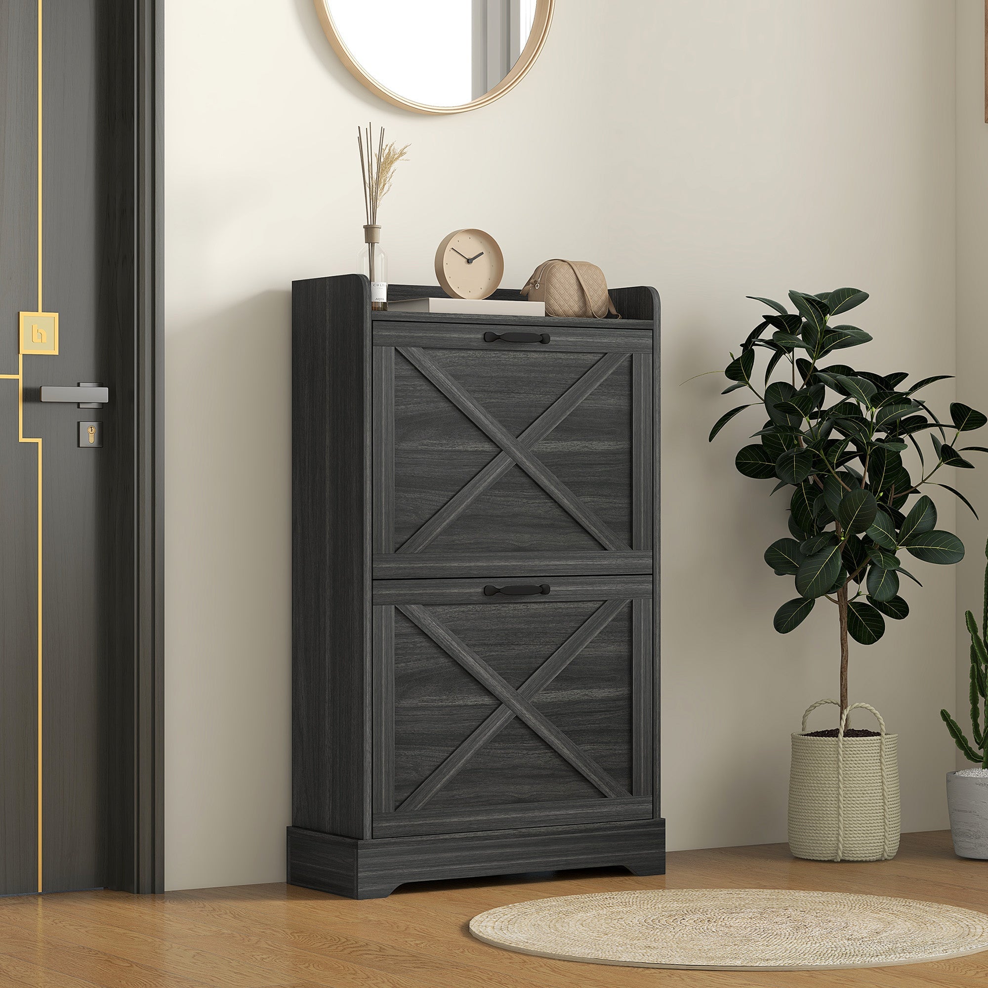 HOMCOM Slim Shoe Storage Cabinet, Farmhouse Shoe Cabinet with 2 Flip Drawers, Adjustable Shelves for 8 Pairs, Distressed Grey