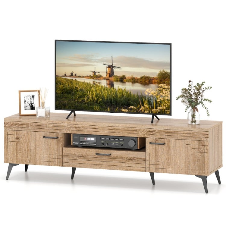TV Stand with 2 Cabinets and Storage Drawer for 65 Inches TVs-Oak