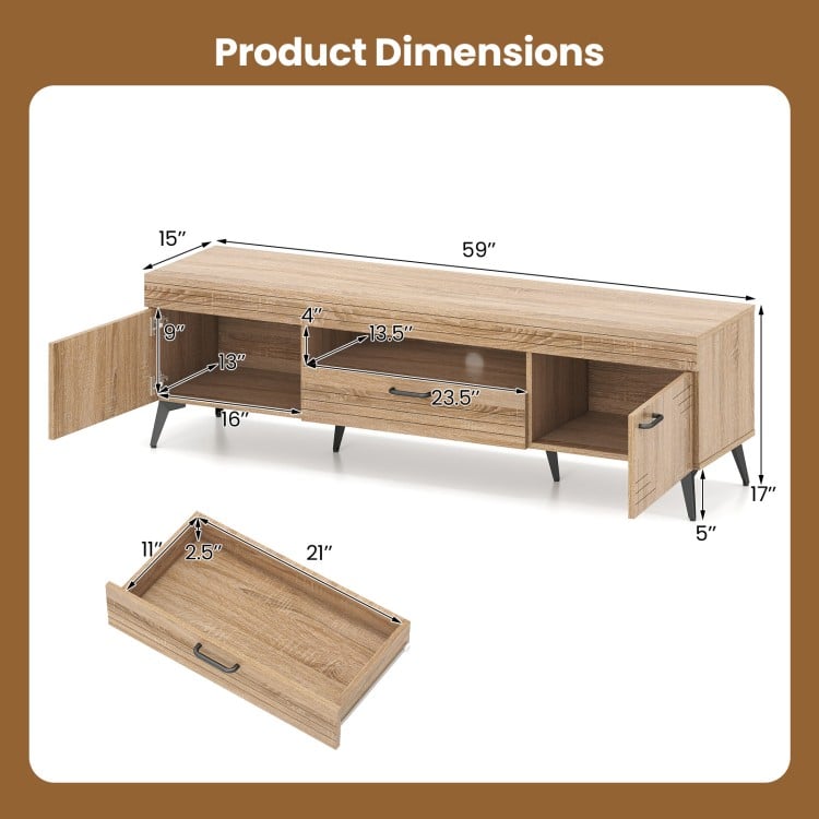 TV Stand with 2 Cabinets and Storage Drawer for 65 Inches TVs-Oak