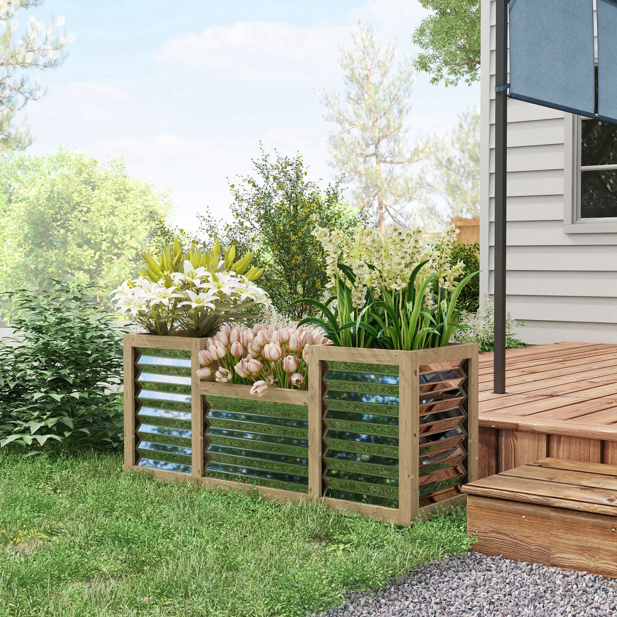 Outsunny Metal Wood Planter Raised Garden Bed: For Outdoor Flowers, Herbs & Vegetable Gardening