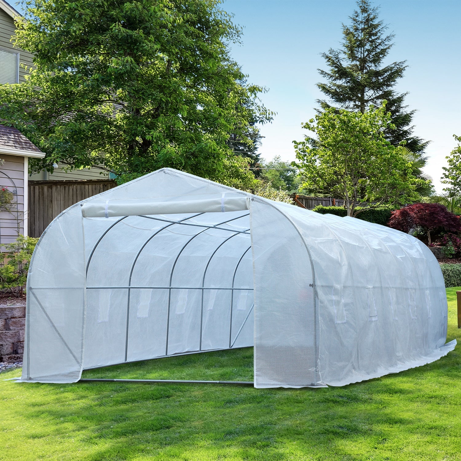 Outsunny 26'L x 10'W x 6.8' H Large Steeple Walk-In Greenhouse Hoop House Tunnel Grow Tent Premium Steel Frame White