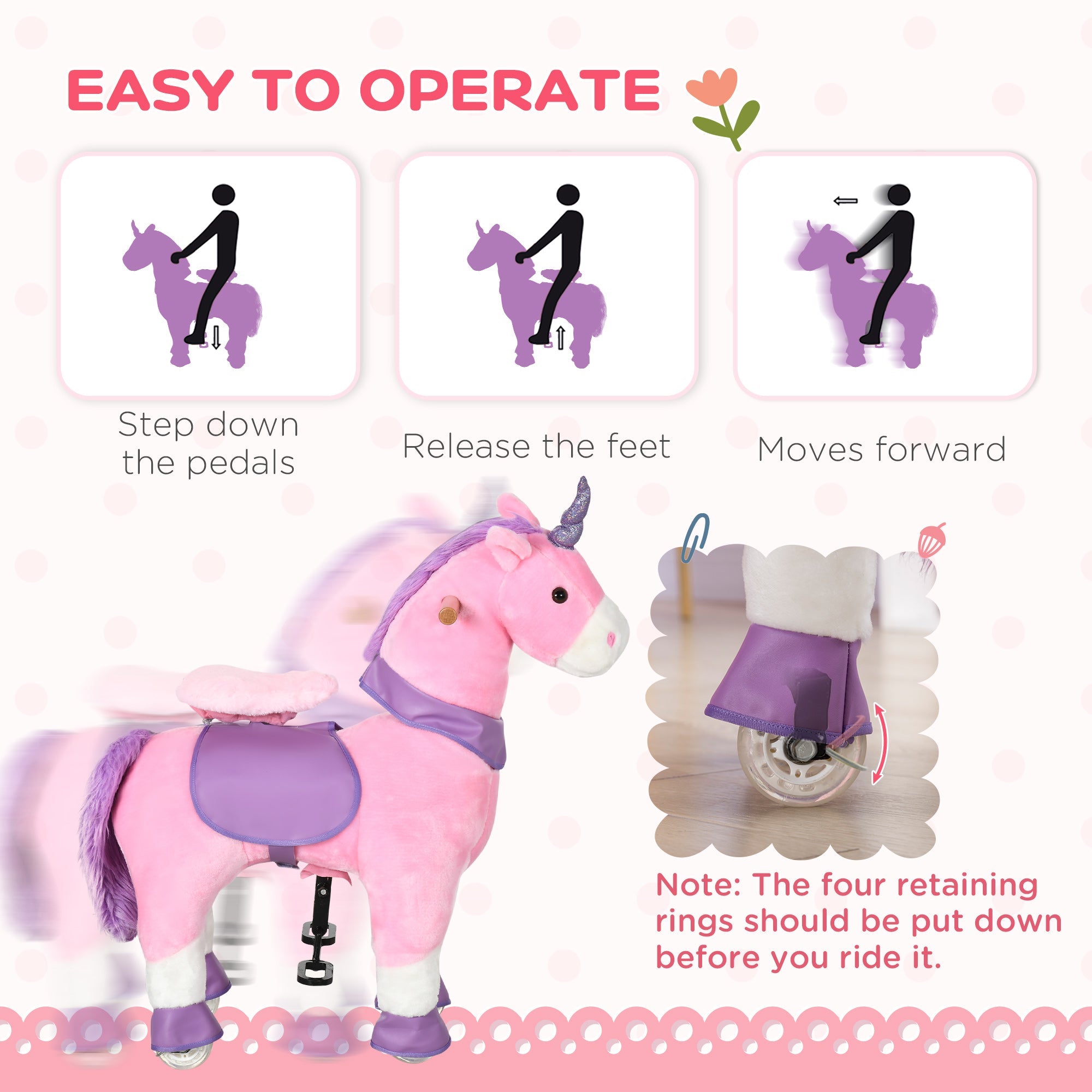 Qaba Pink Unicorn Walking Horse - Mechanical Ride On Pony Toy with Wheels, Ideal Gift for 3-6 Years, Girls & Boys