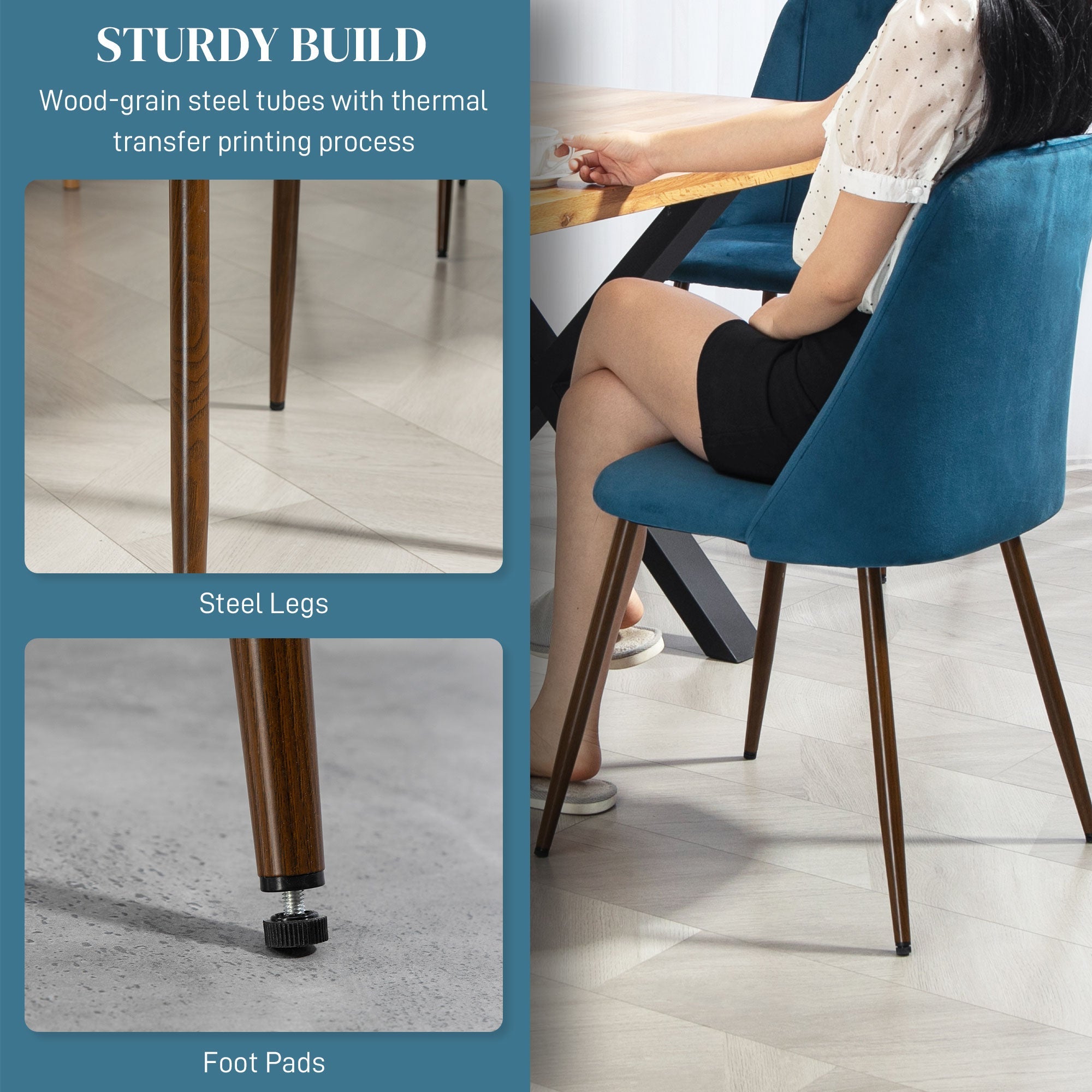 HOMCOM Upholstered Dining Chairs Set of 4, Velvet Accent Chair with Back and Wood-grain Steel Leg for Kitchen, Dark Blue