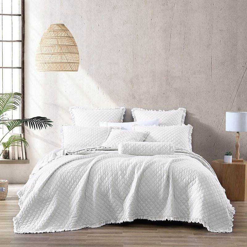 Twin White Farmhouse Microfiber Diamond Quilted Bedspread Set Frayed Edges - Free Shipping
