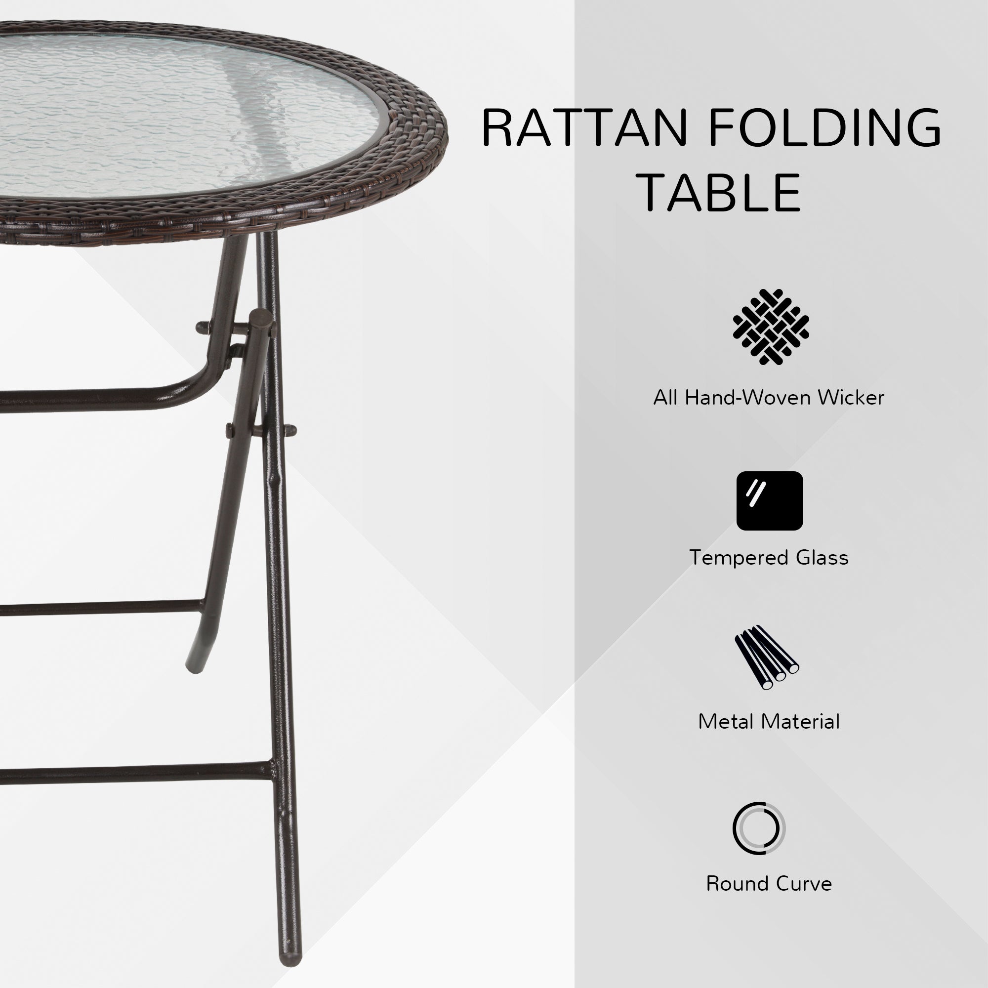 Outsunny Folding Round Table Tempered Glass Metal with Rattan Edging Brown