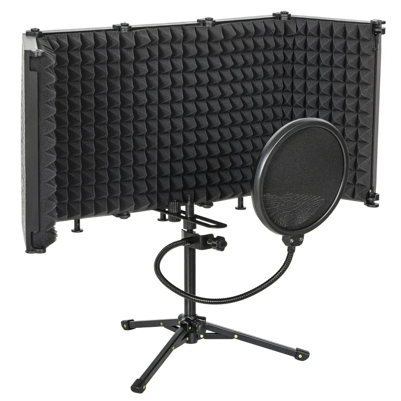 Foldable Studio Recording Microphone Isolation Shield with Pop Filter, Stand, 3/8" Threaded Mount, Black