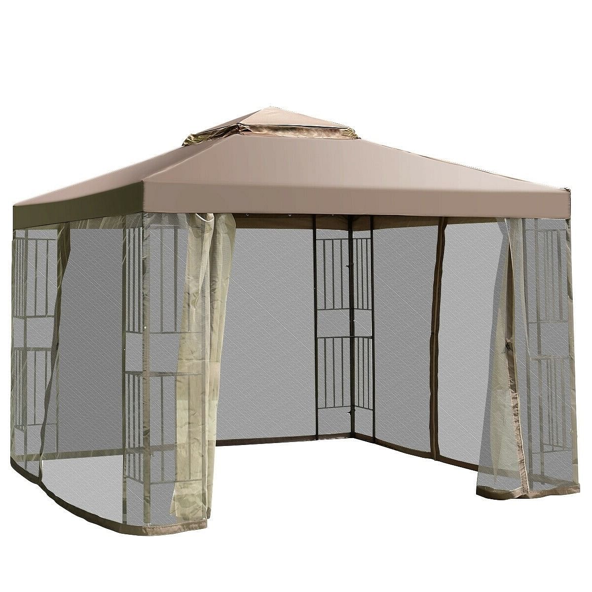 10 x 10 Ft Outdoor Patio Gazebo with Taupe Brown Canopy and Mesh Sidewalls - Free Shipping