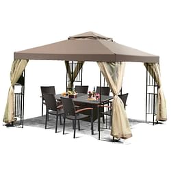 10 x 10 Ft Outdoor Patio Gazebo with Taupe Brown Canopy and Mesh Sidewalls - Free Shipping
