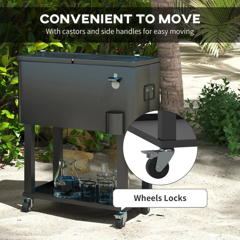 60 Quart Rolling Outdoor Cooler, Portable Rolling Patio Cooler Cart with Locking Wheels, Storage Shelf, Black