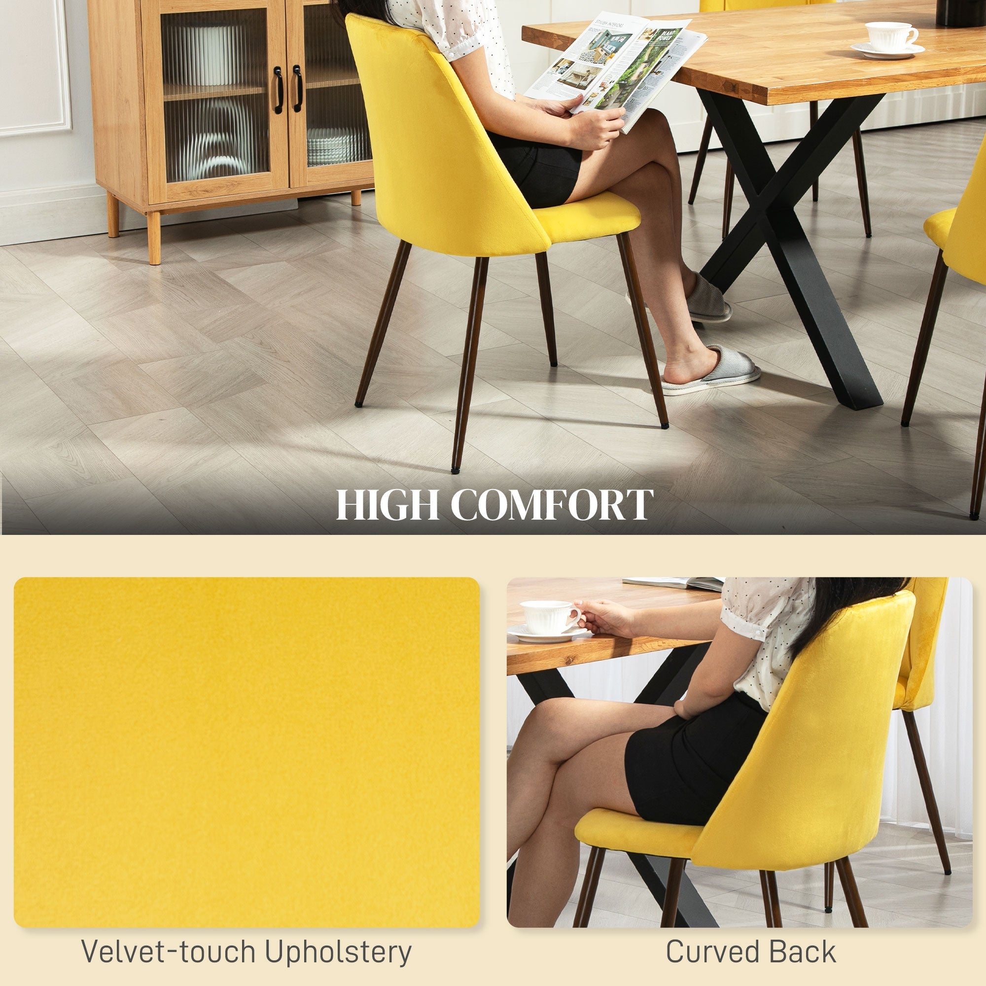 HOMCOM Upholstered Dining Chairs Set of 4, Velvet Accent Chair with Back and Wood-grain Steel Leg for Kitchen, Yellow