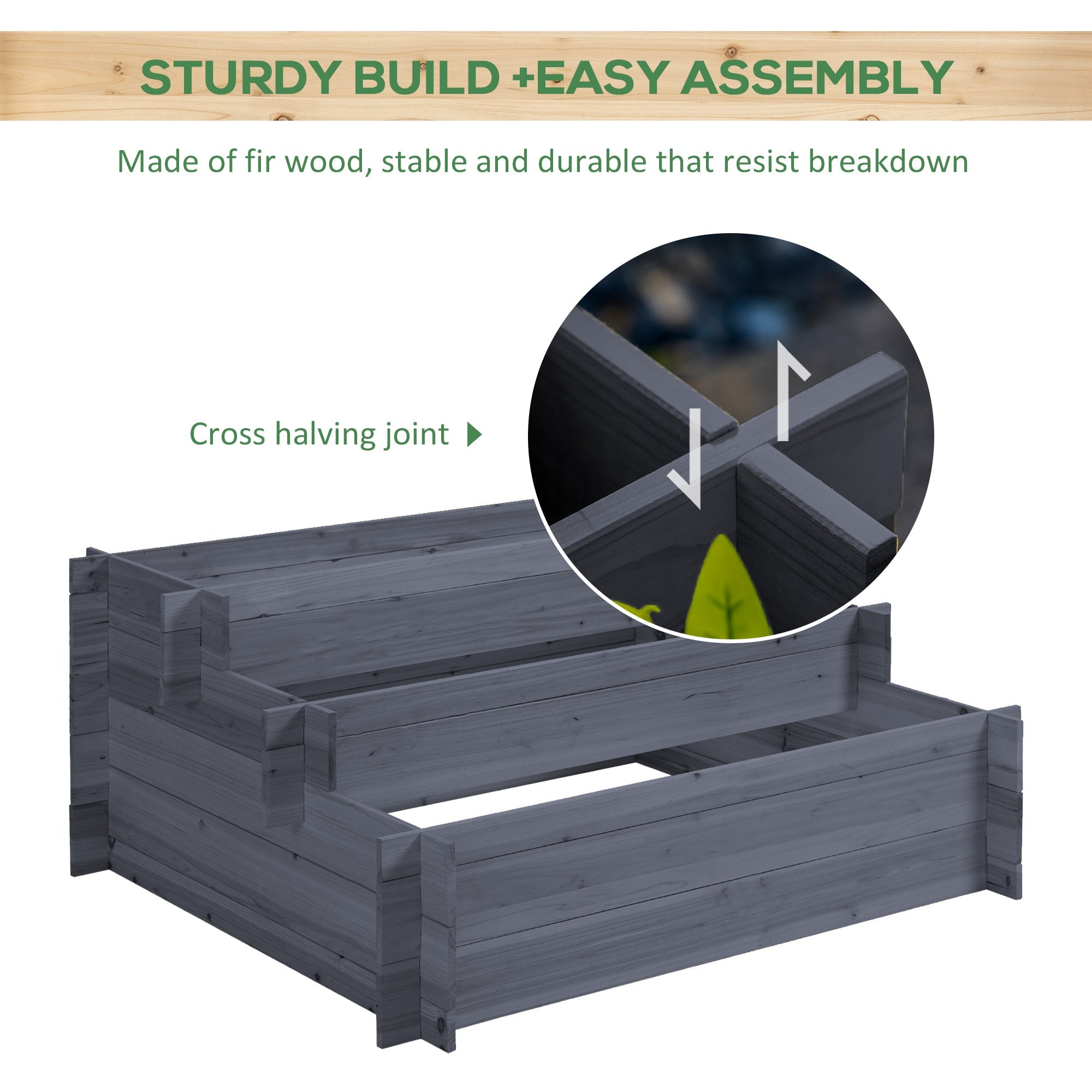 Outsunny 3-Tier Raised Garden Planter Kit Wooden Elevated Planter Boxes Outdoor Vegetable Flower Herb Garden Grey