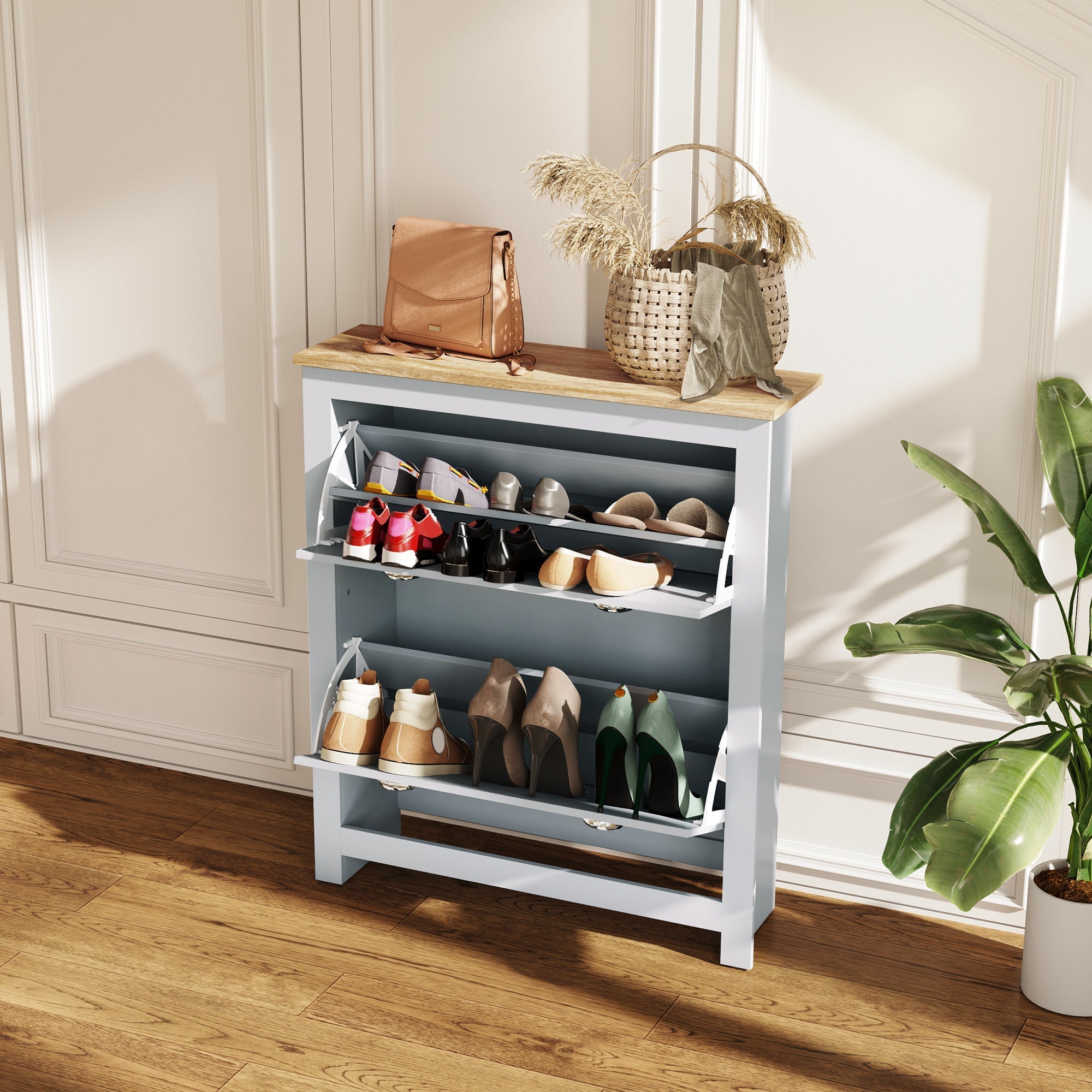 HOMCOM Entryway Shoe Cabinet with 2 Flip Drawers and Adjustable Shelves, 12 Pair Shoe Storage Organizer for Hallway, Grey