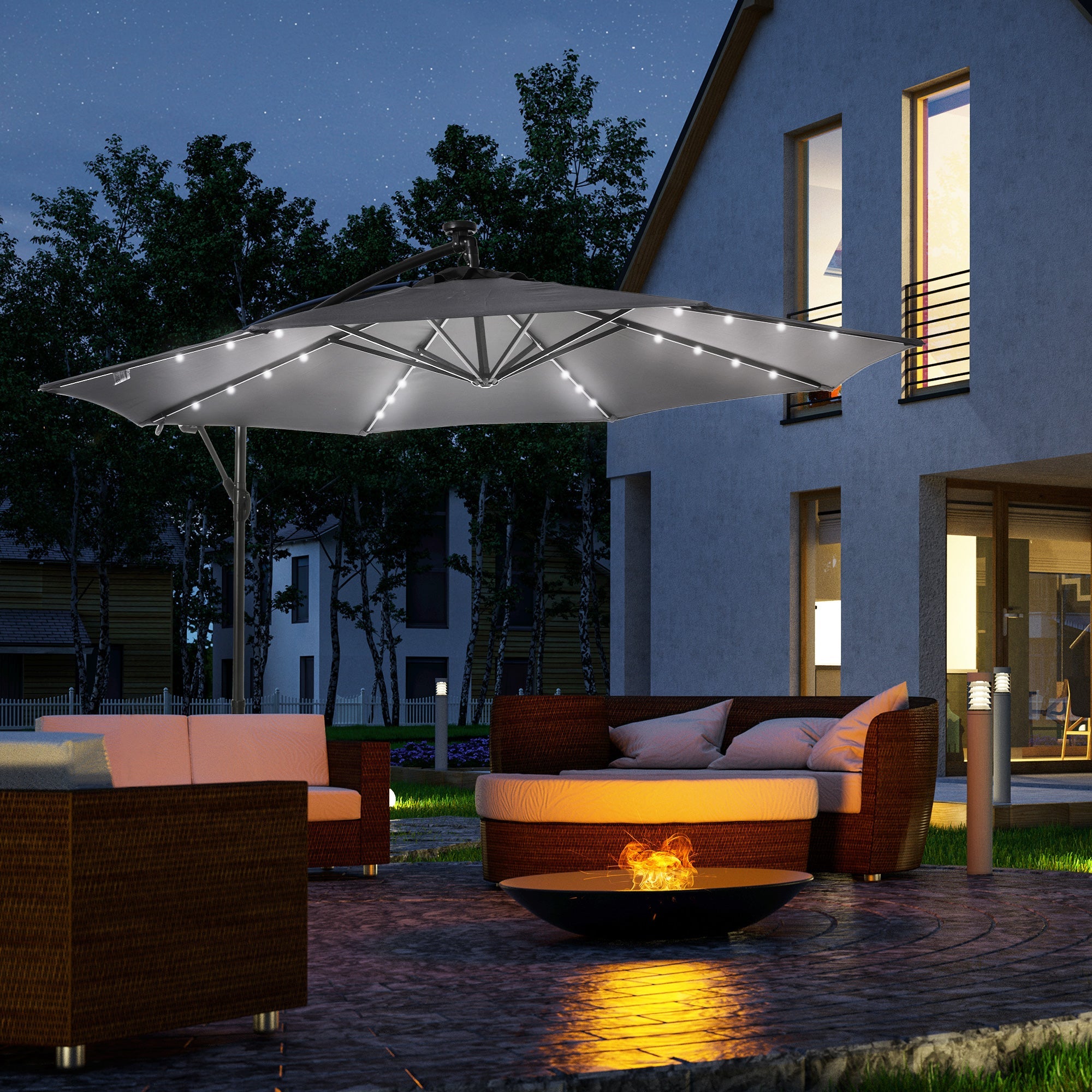 Outsunny 10ft Outdoor Cantilever Umbrella with Solar Lights Banana Adjustable Angle for Patio Backyard Dark Gray