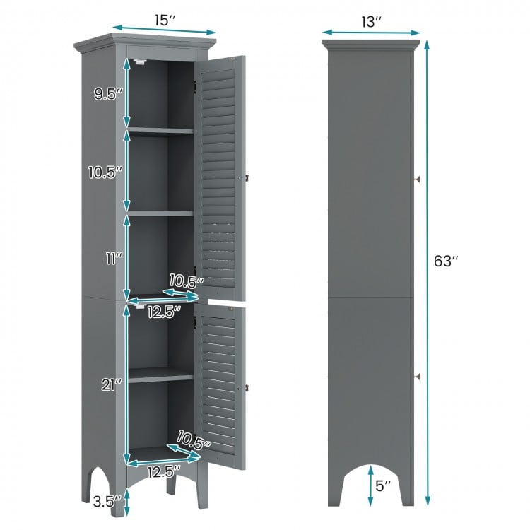 Tall Bathroom Floor Cabinet with Shutter Doors and Adjustable Shelf-Gray