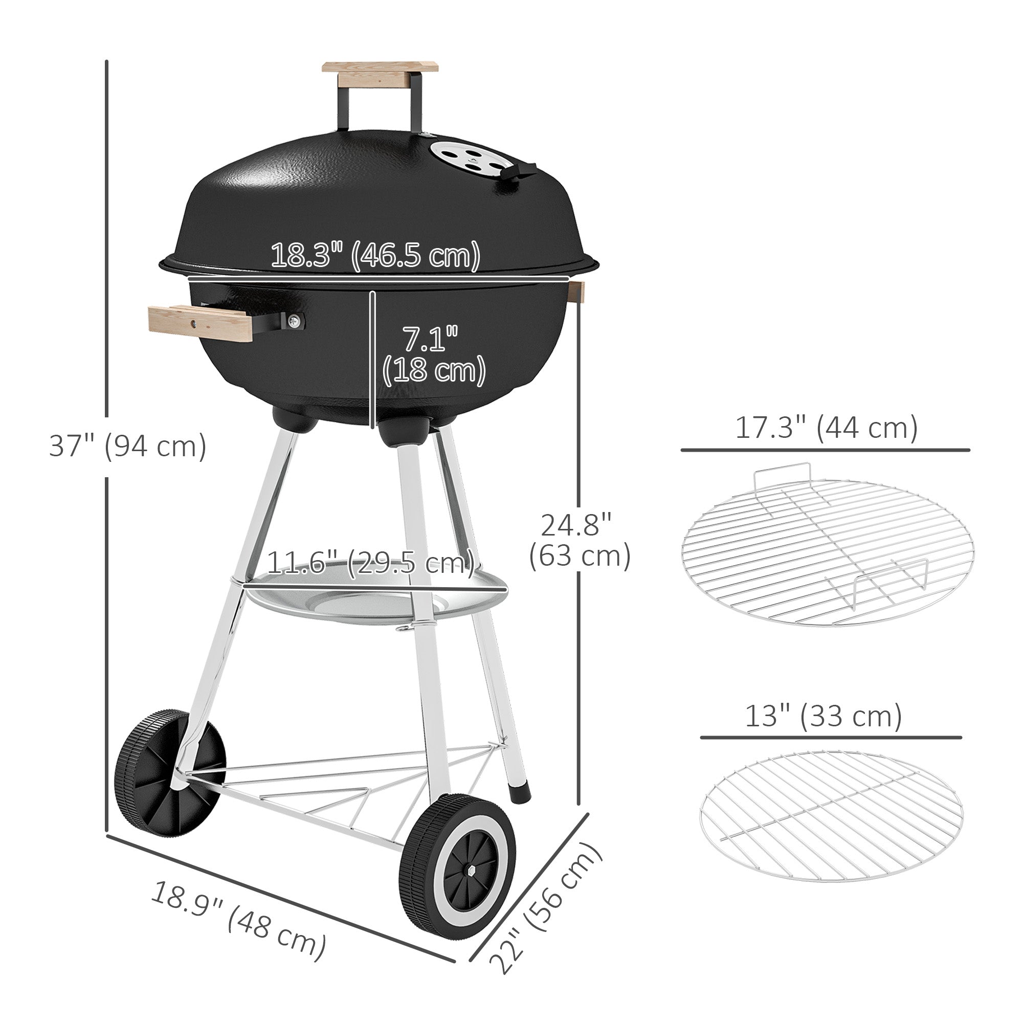 Outsunny Steel Portable Charcoal BBQ Grill Outdoor Camp Cooker with Lid Vents Wheels Storage Shelf Black