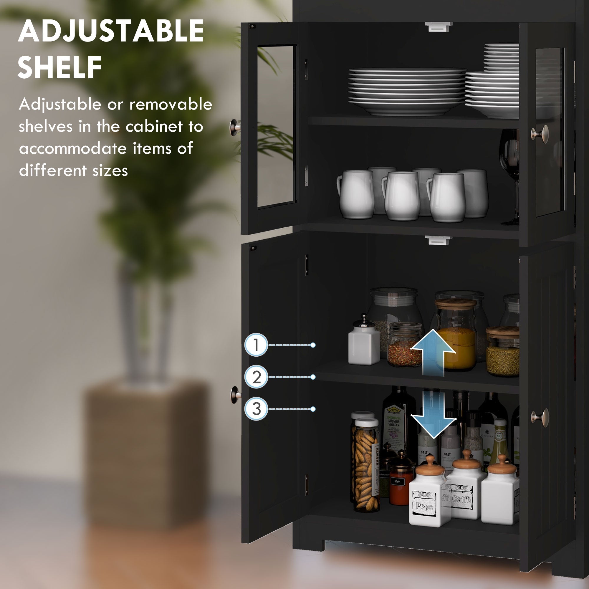 HOMCOM Black 63" Small Kitchen Hutch: 4-Door Pantry Storage Cabinet with Adjustable Shelf for Dining Room